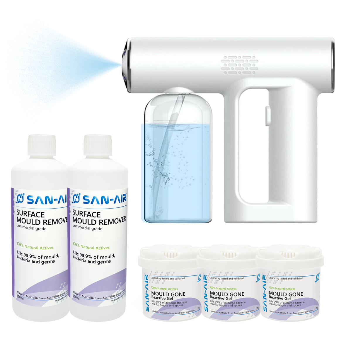 SAN-AIR Super Mould BUNDLE - 2 Mould Remover Sprays  + 3 Mould Gels + Atomizer Gun