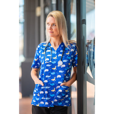 Softies Oxford Blue Whales Scrub Top BWT01 - Simply Scrubs Australia