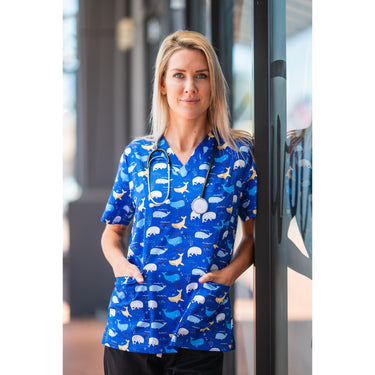 Softies Oxford Blue Whales Scrub Top BWT01 - Simply Scrubs Australia