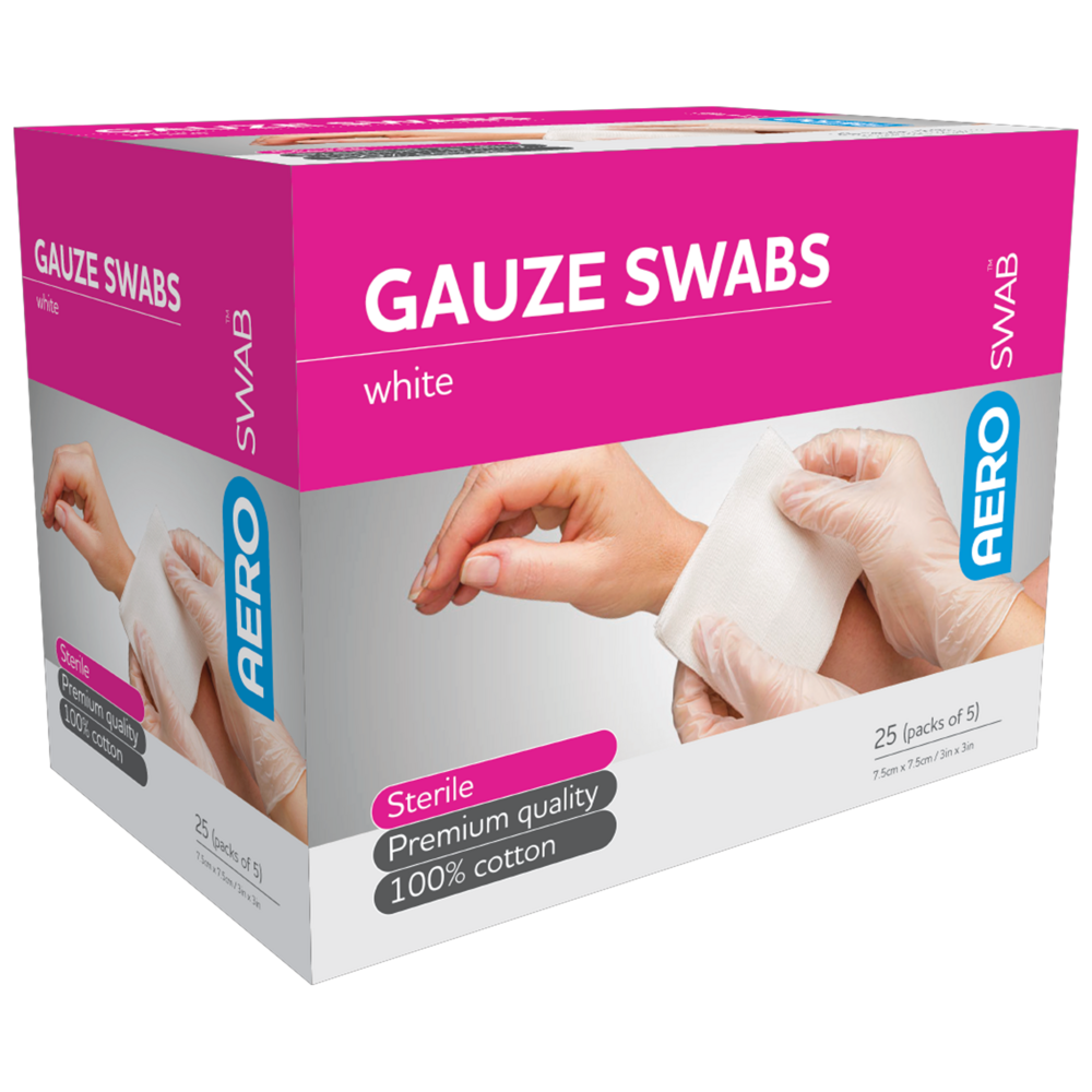 AEROSWAB Sterile White Gauze Swab 7.5 x 7.5cm Box/25 (Packs of 5)